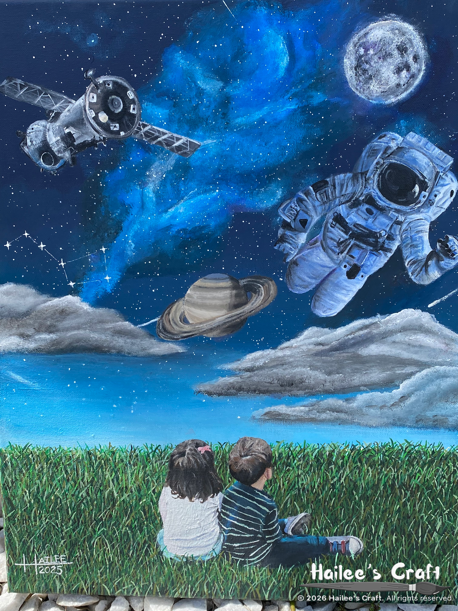 a vertical rectangular painting depicting two young children, a girl and a boy, looking up at the night sky. they sit in the long green grass staring up into the night imagining things that could be in space. in the sky an astronaut,saturn,the moon, a satellite, and constalations apear, they are a reflection of the childrens imagination.
